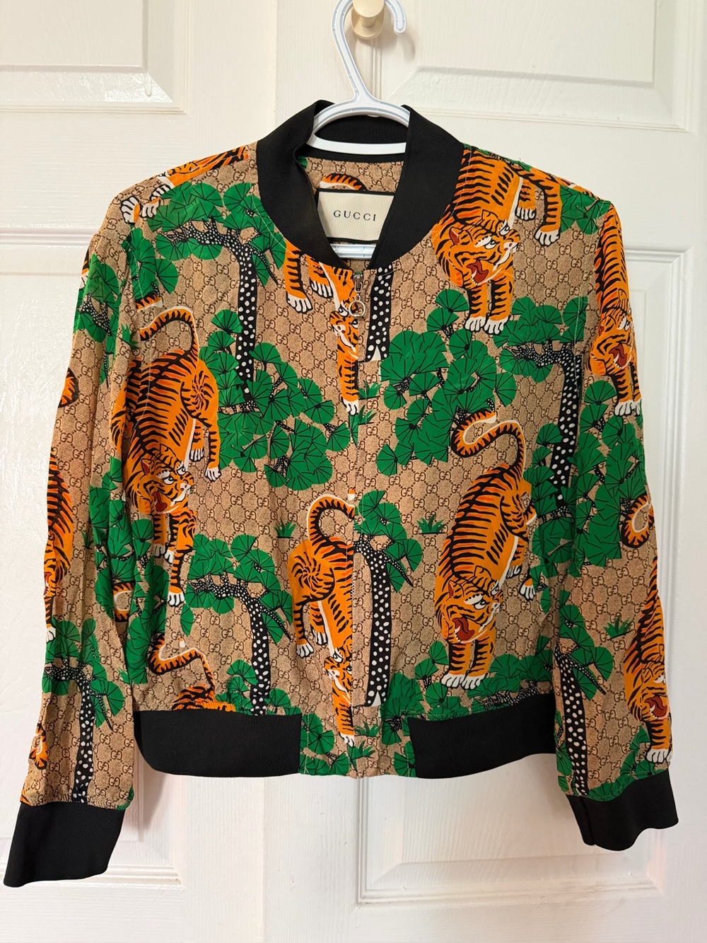 Gucci Brown GG Tiger Print Bomber Jacket with Green Foliage